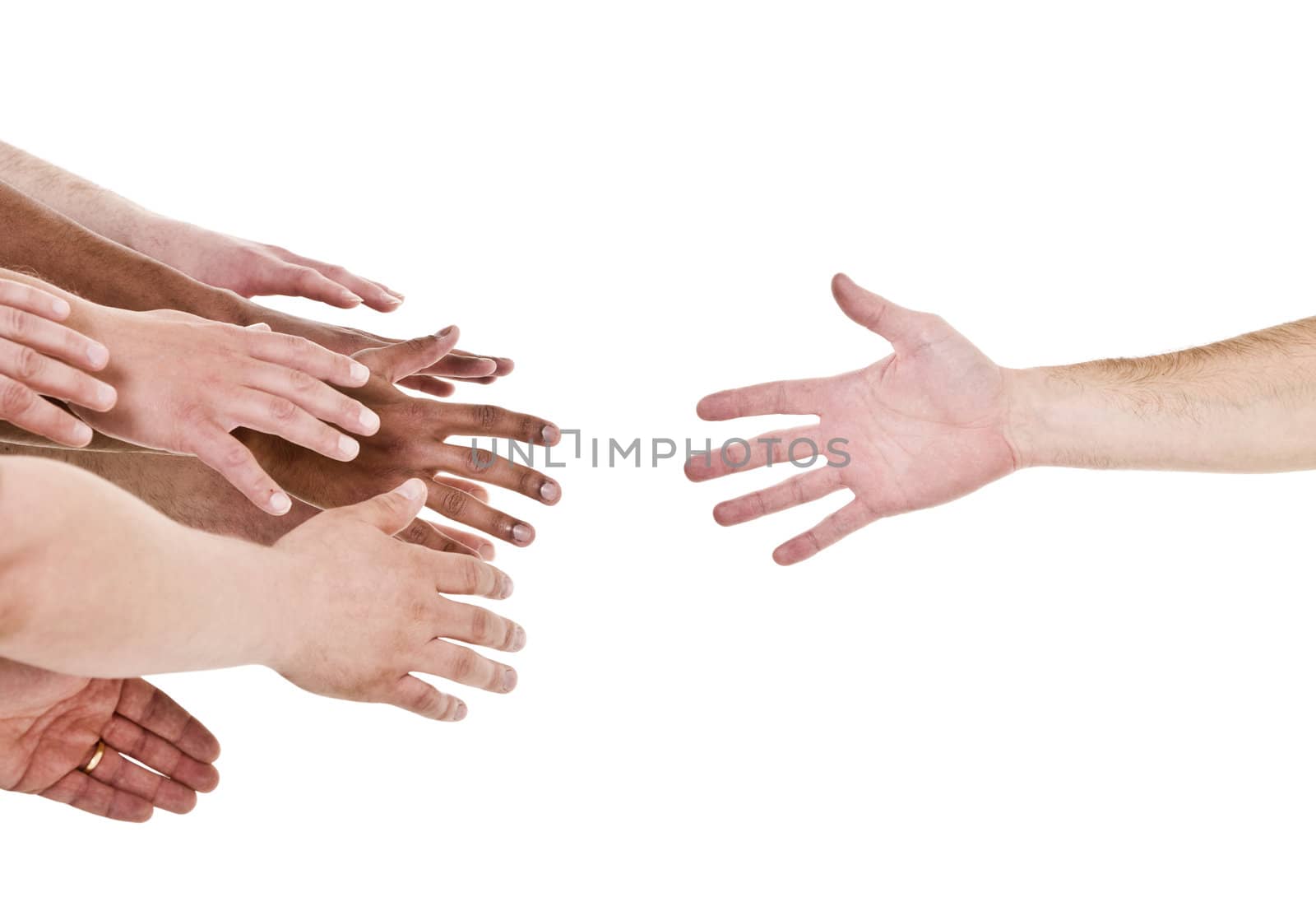Hand reaching out for help isolated on white background
