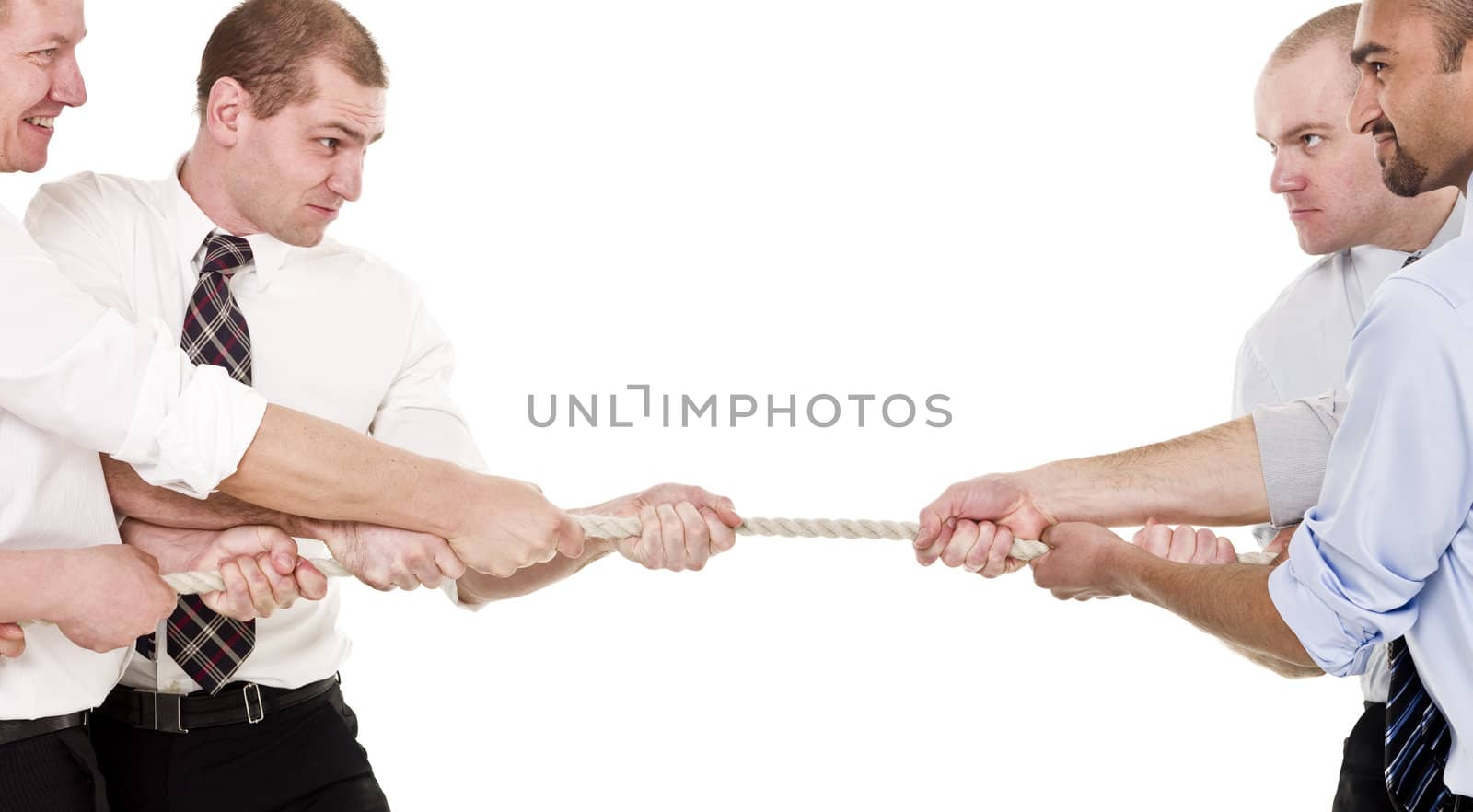 Tug-of-war with businessmen isolated on white background