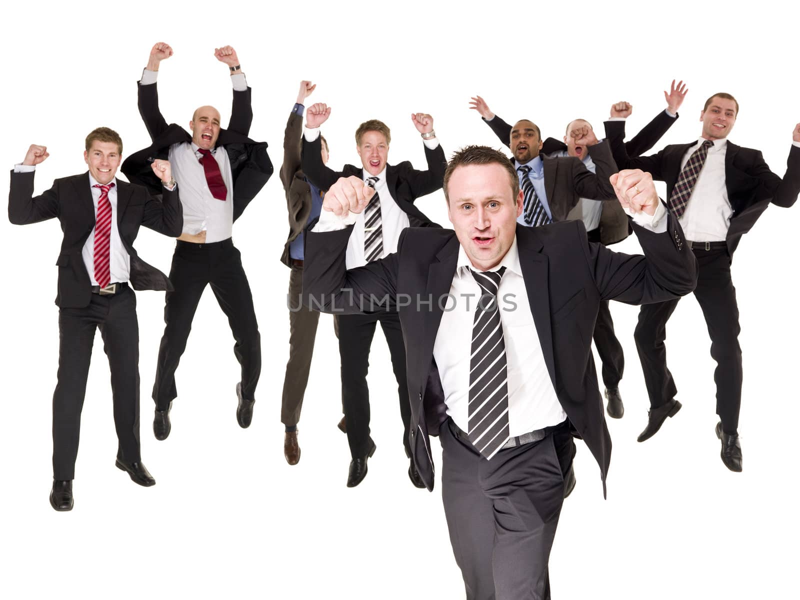 Group of happy businessmen isolated on white background