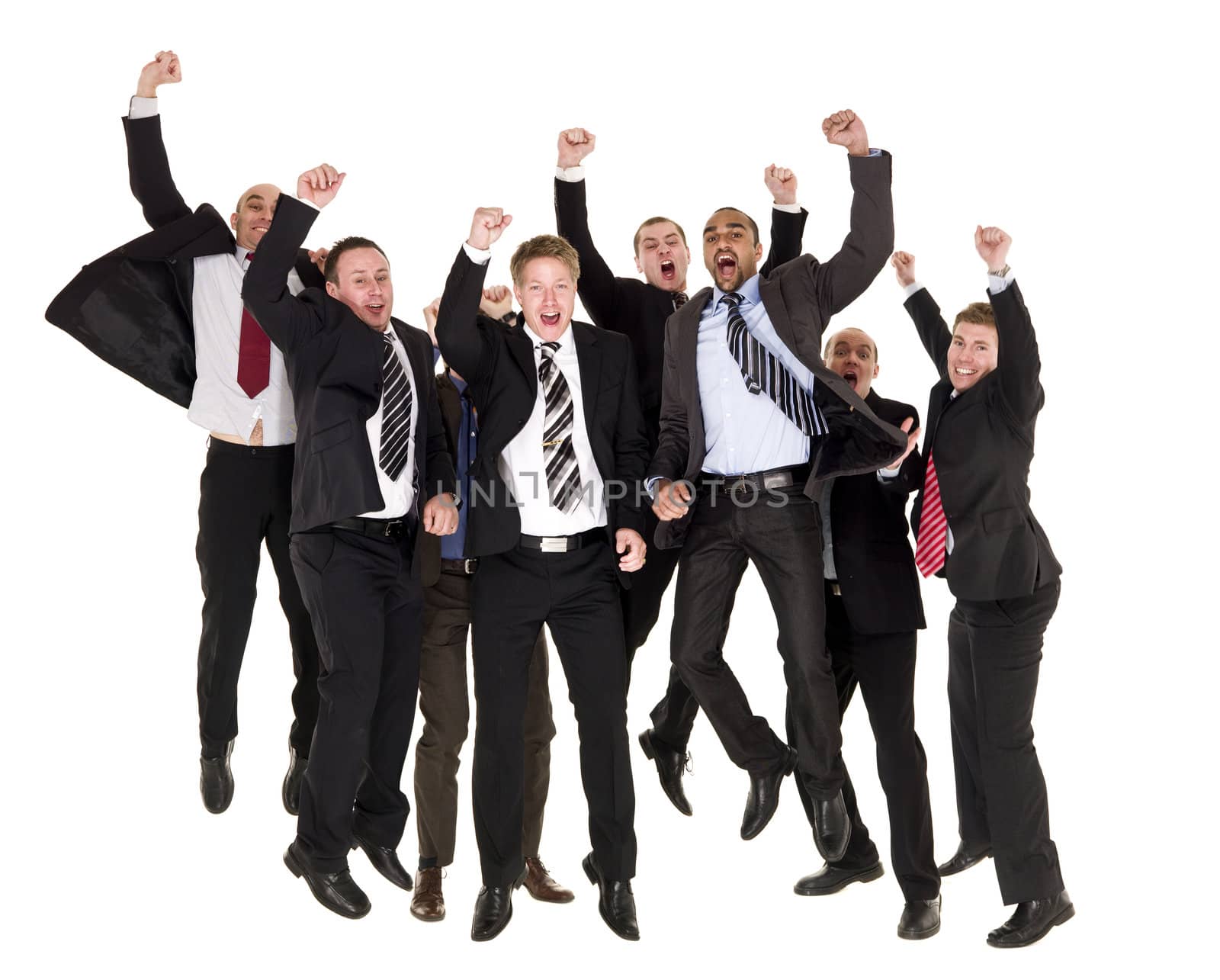 Group of happy businessmen jumping