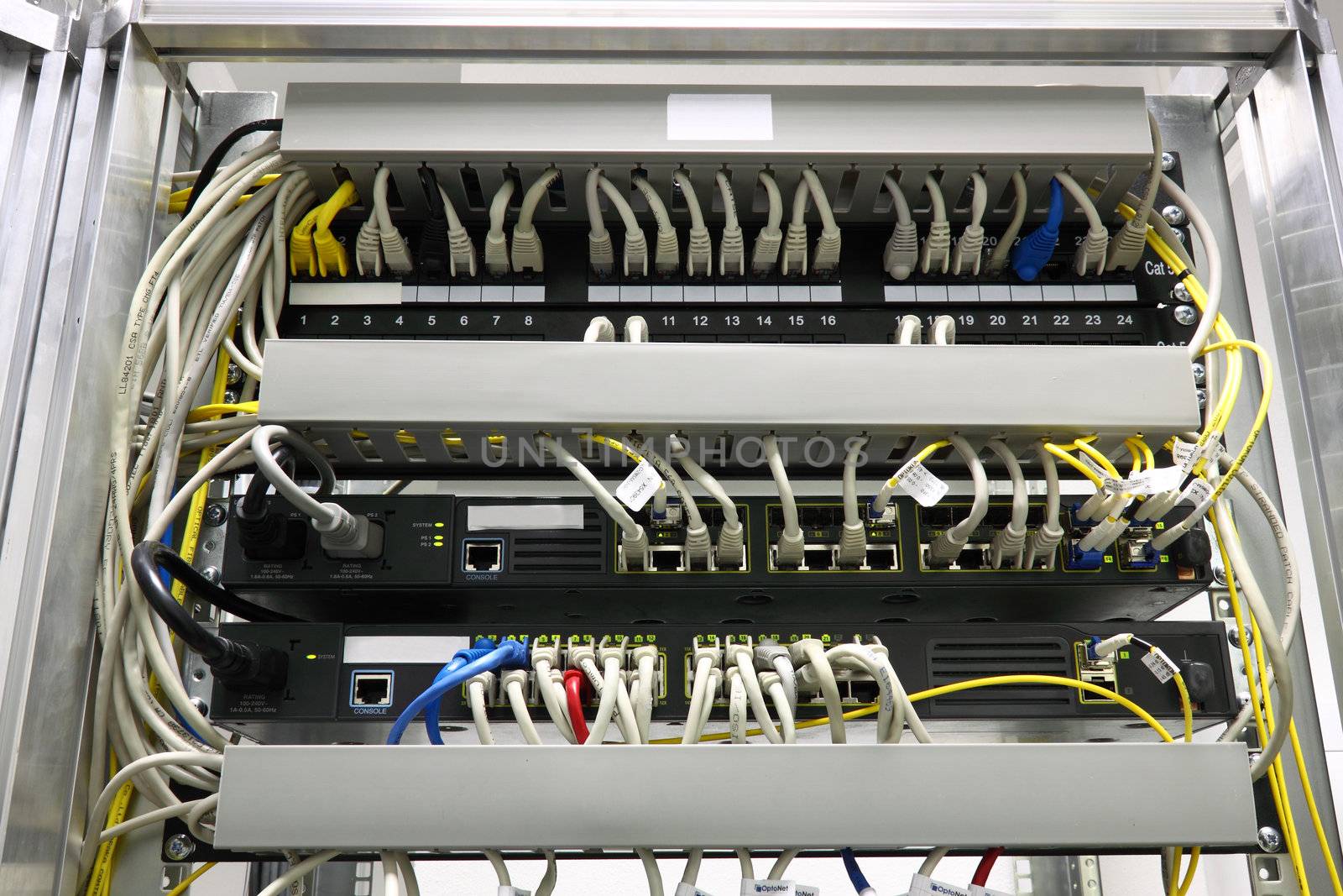 connected switches in technology room with fiber optic SFP ports