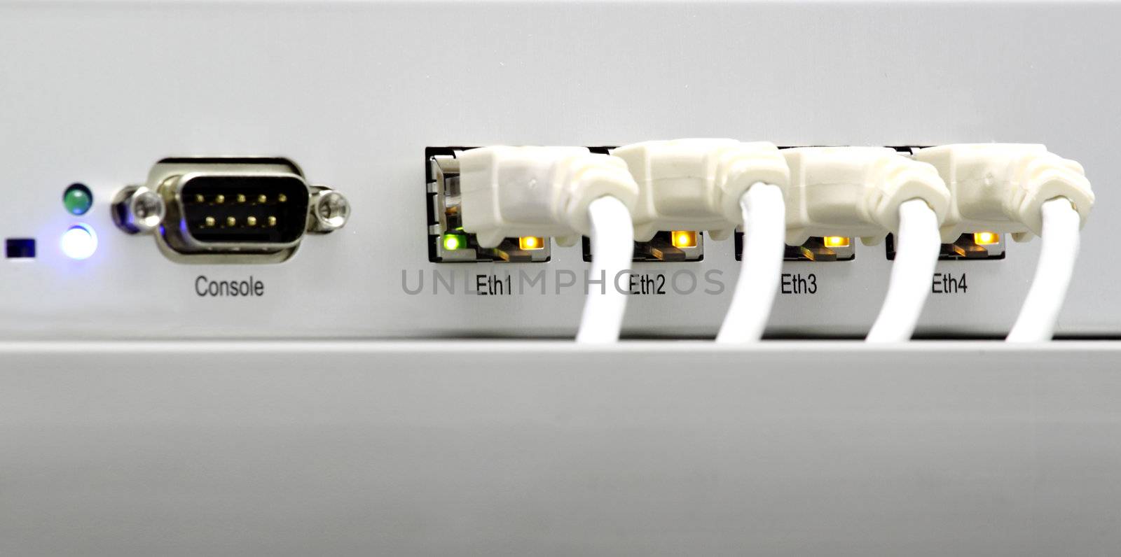Back side of connected router with connected ethernet ports