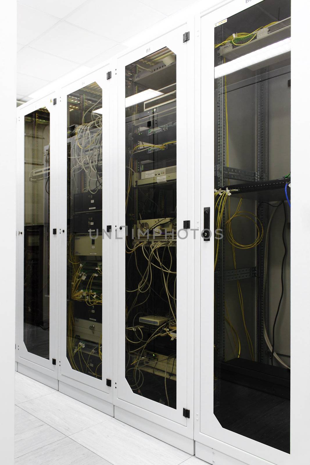 Racks with network equipment in technology telehouse room