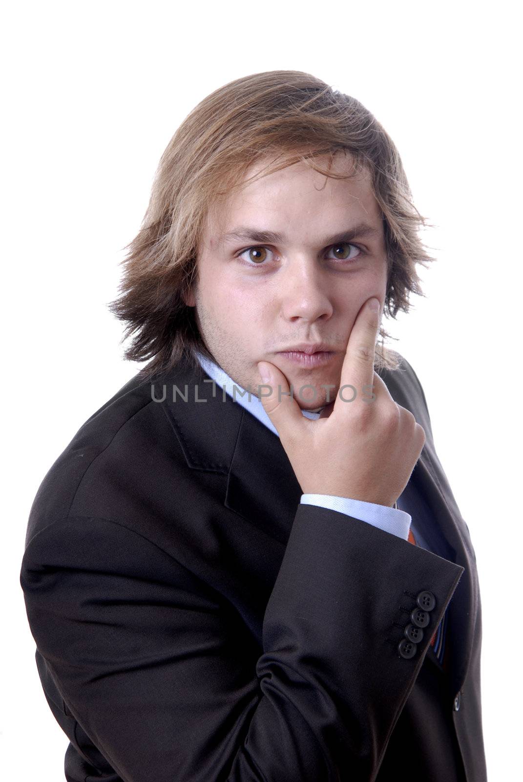 young business man thinking in a white background