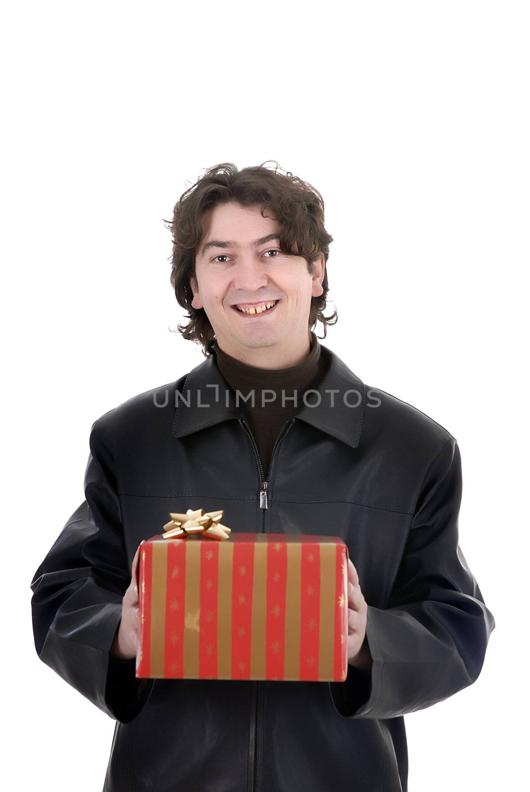 Young man holding a gift box. Isolated on white with copy space.