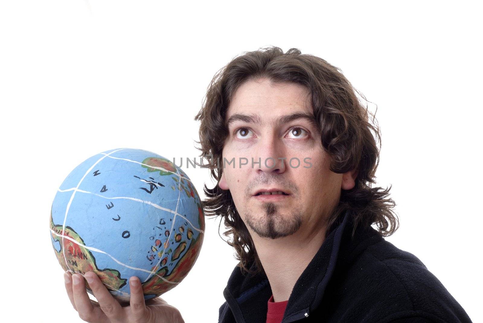 young man with globe isolated in white background