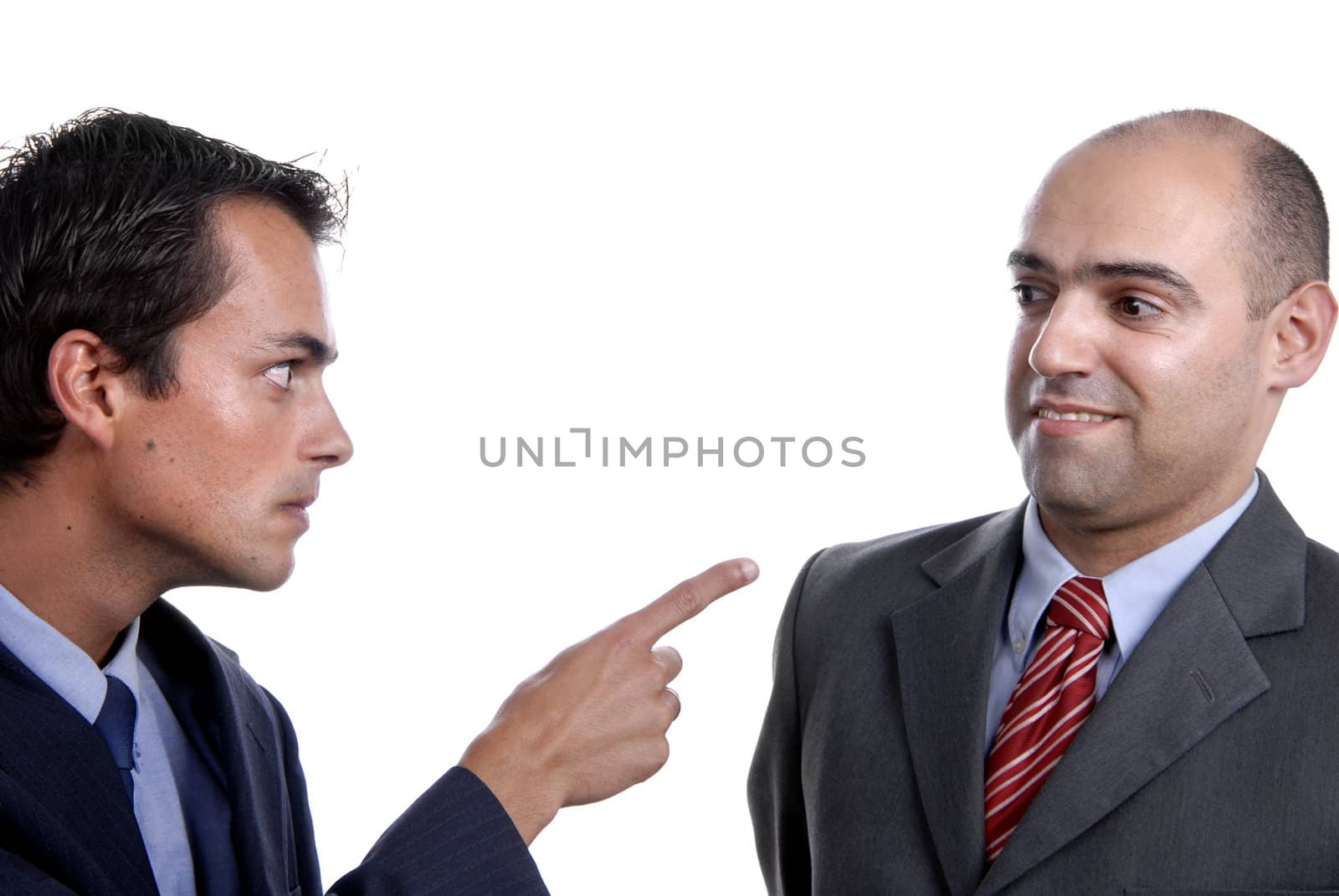 two young business men portrait on white.