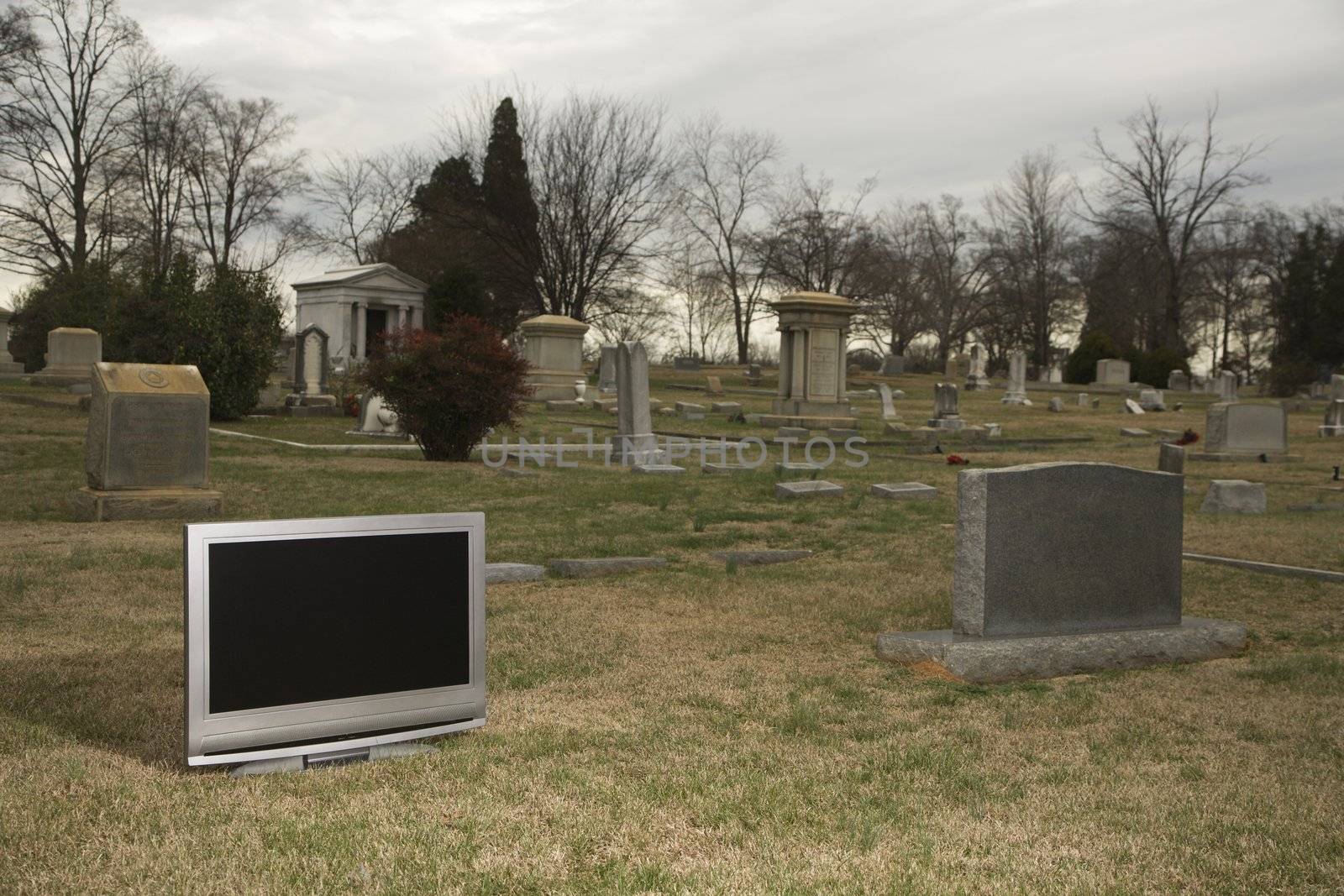 Flat panel television set in cemetary next to headstone.