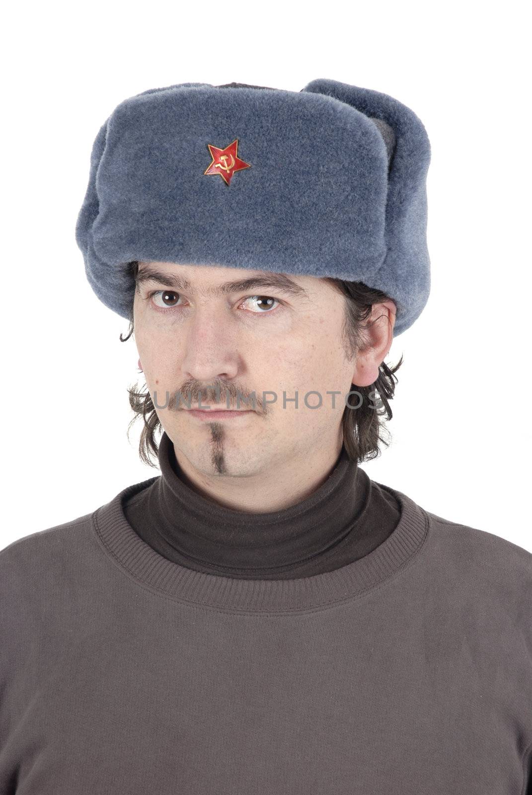 young casual man portrait with a russian hat