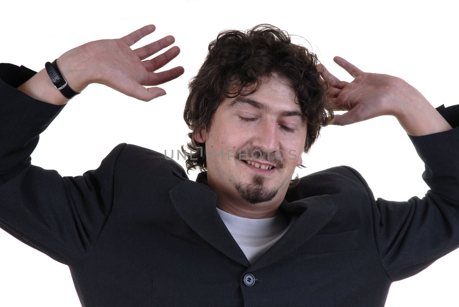 young man with closed eyes in white background