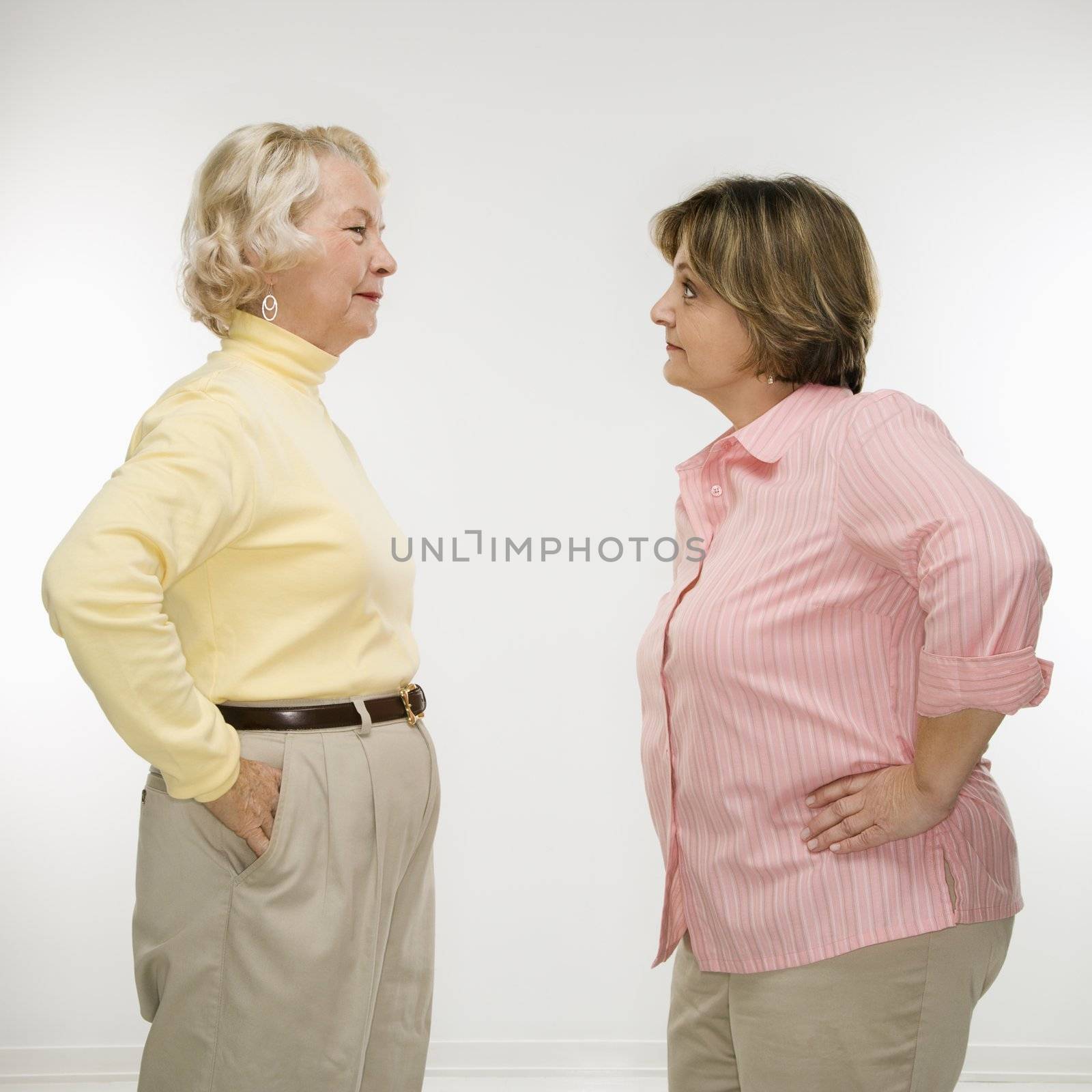 Caucasian senior woman and middle aged woman face to face arguing.