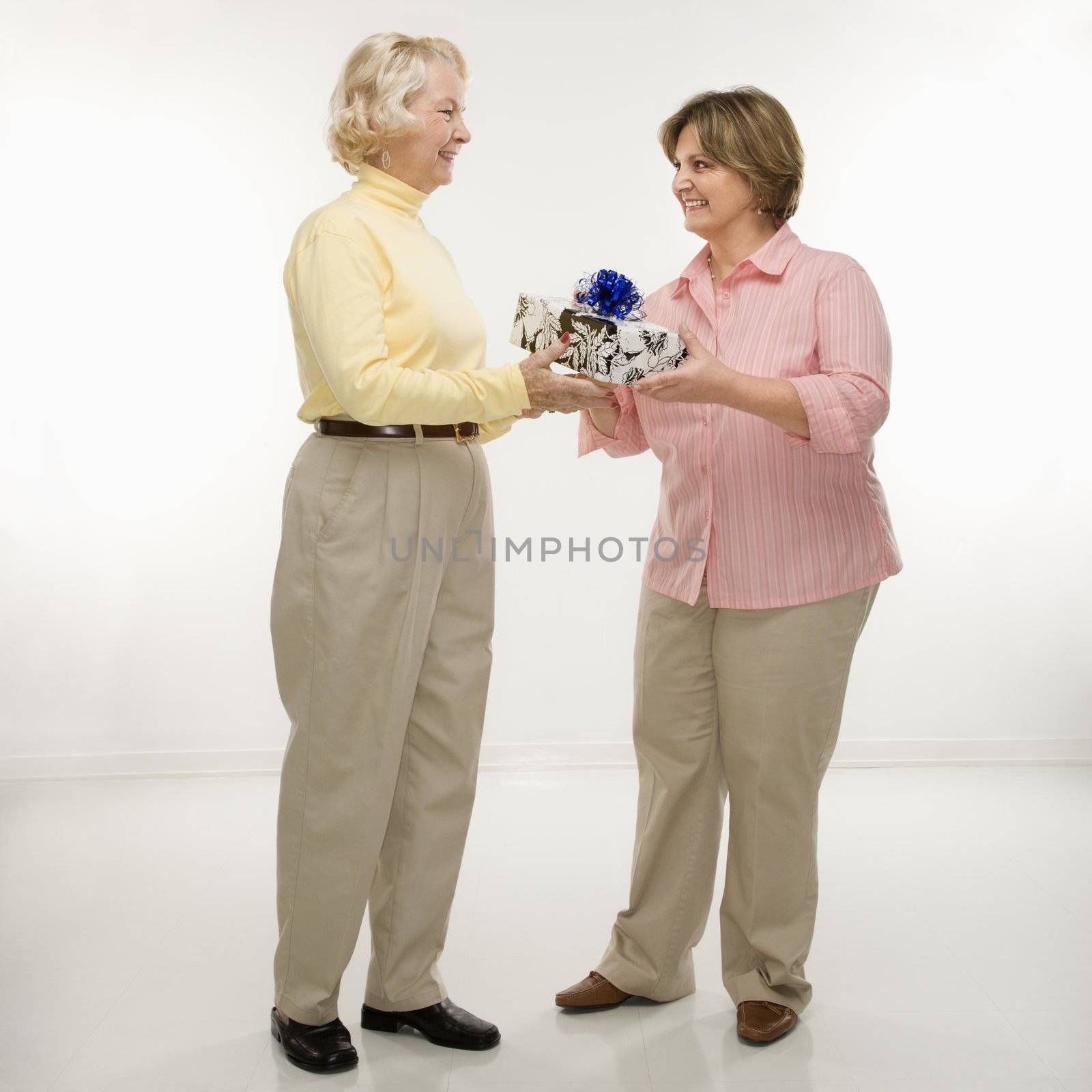 Caucasian senior woman and middle aged woman exchanging a gift.
