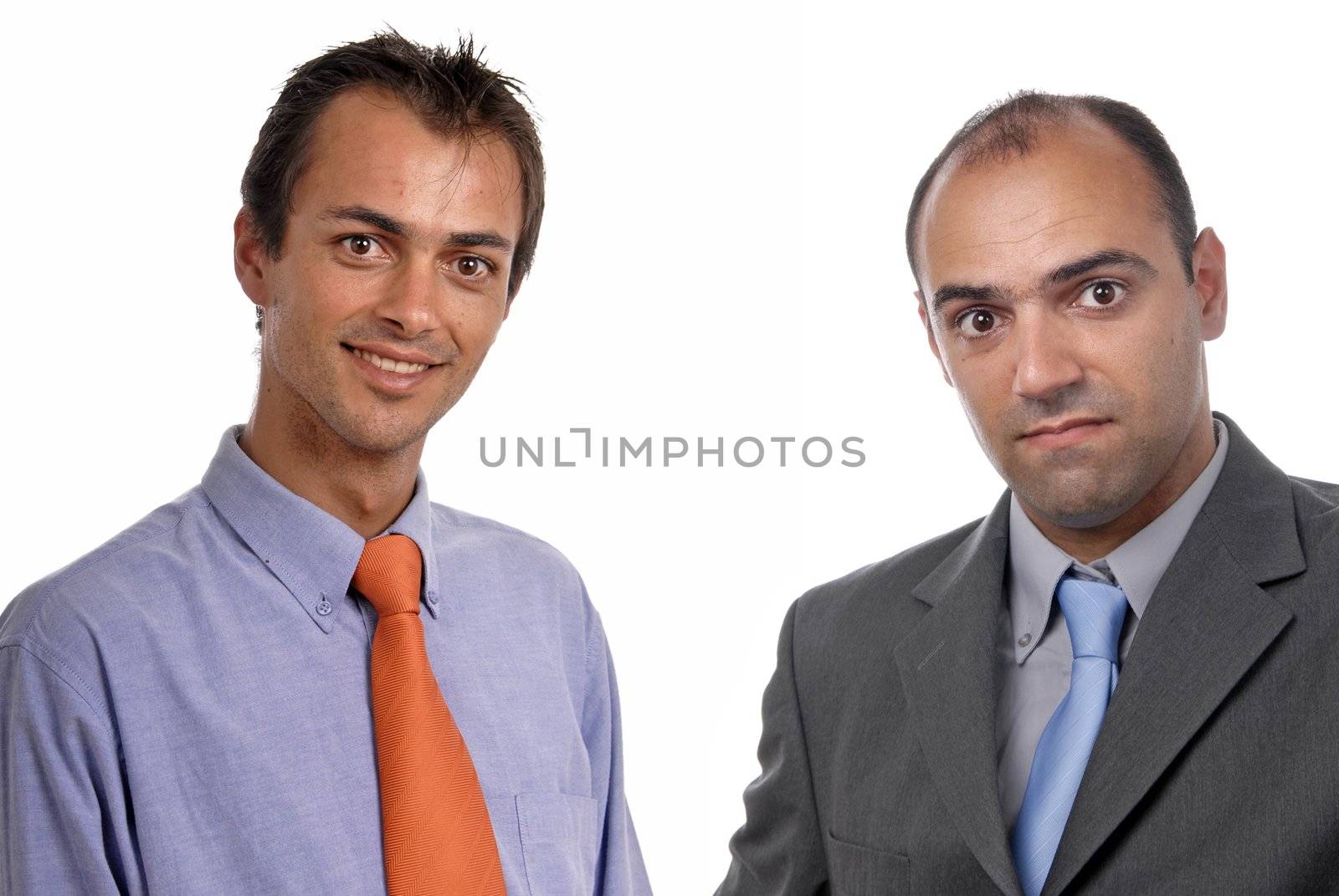 two young business men portrait on white