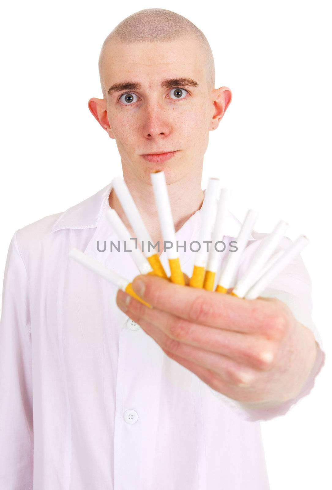 Man holding cigarettes in the hand on the white background