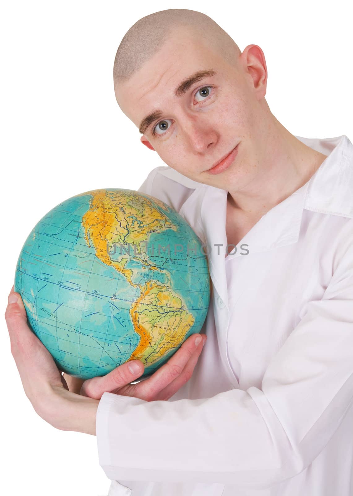 Man embracing the world on the white background