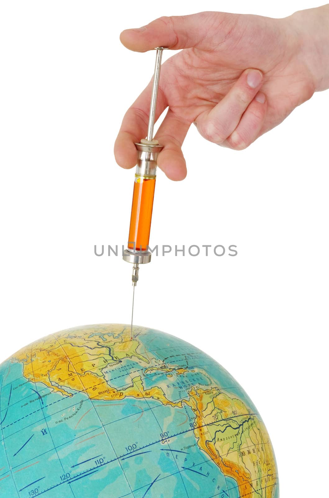 Syringe and terrestrial globe by pzaxe