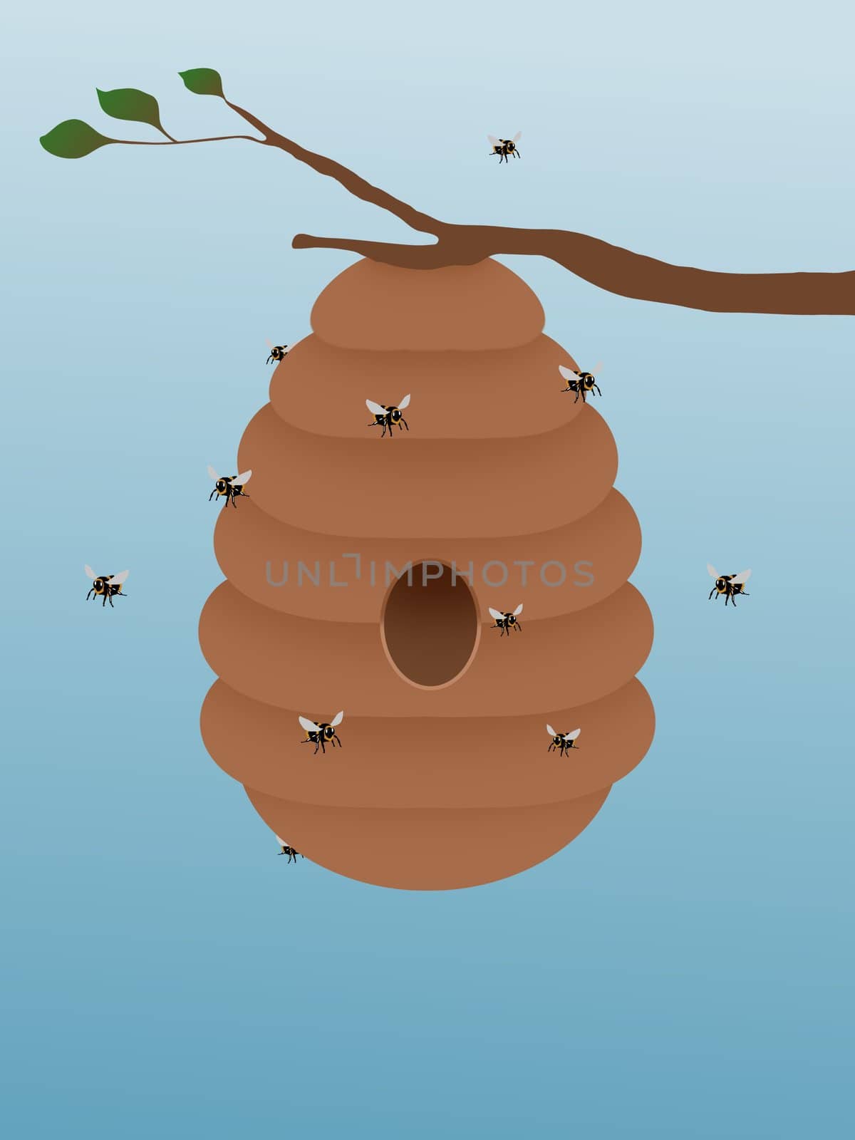 Illustration of a beehive hanging from a tree branch with bees flying around