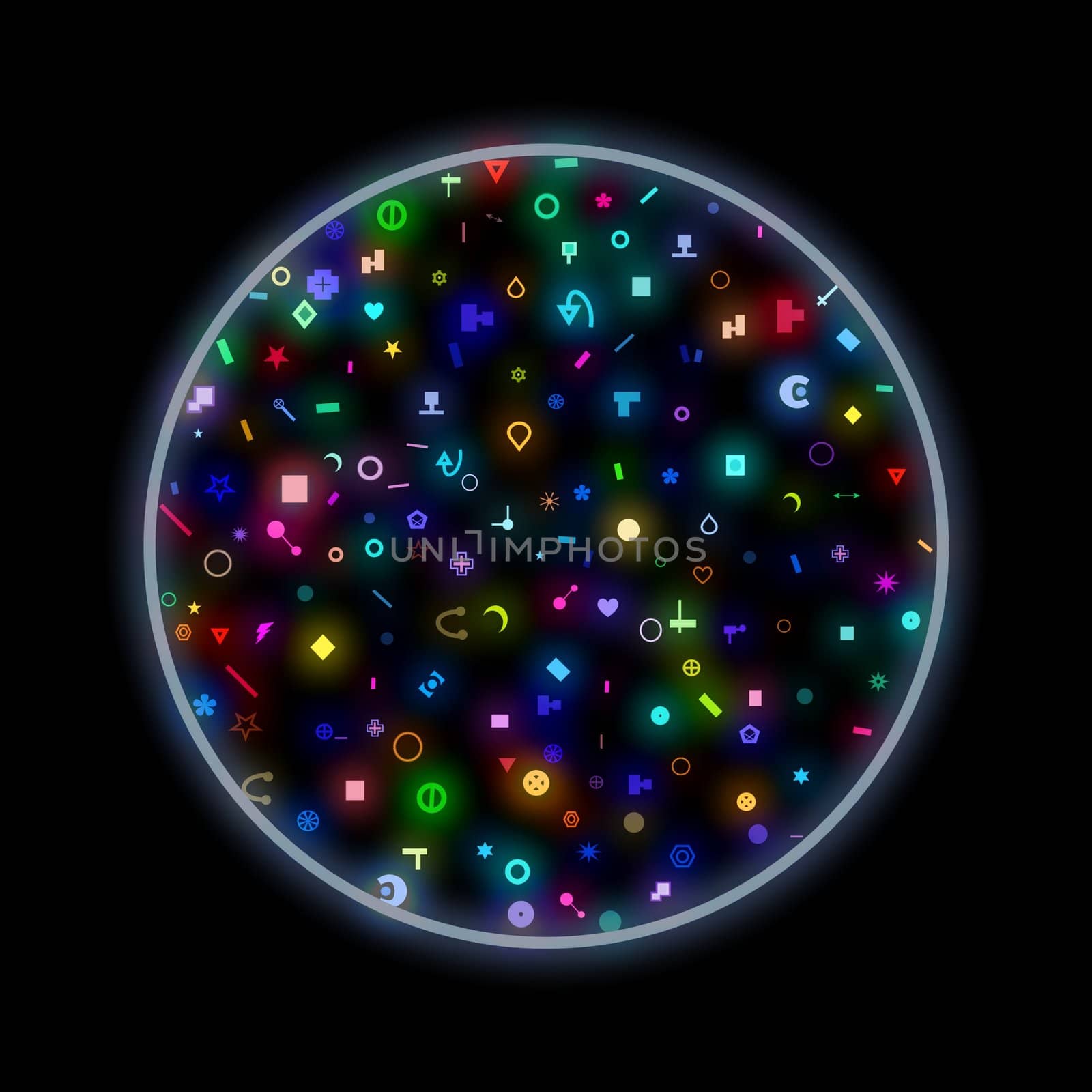 Glowing circle containing many shapes
