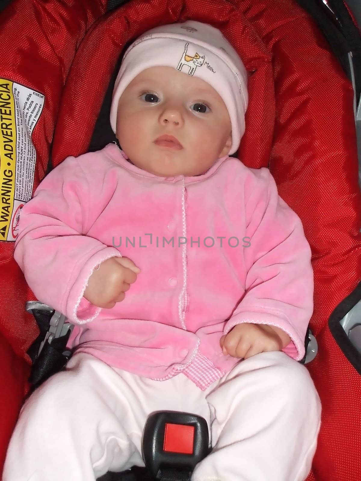 Baby caucasian girl sitting in car seat.