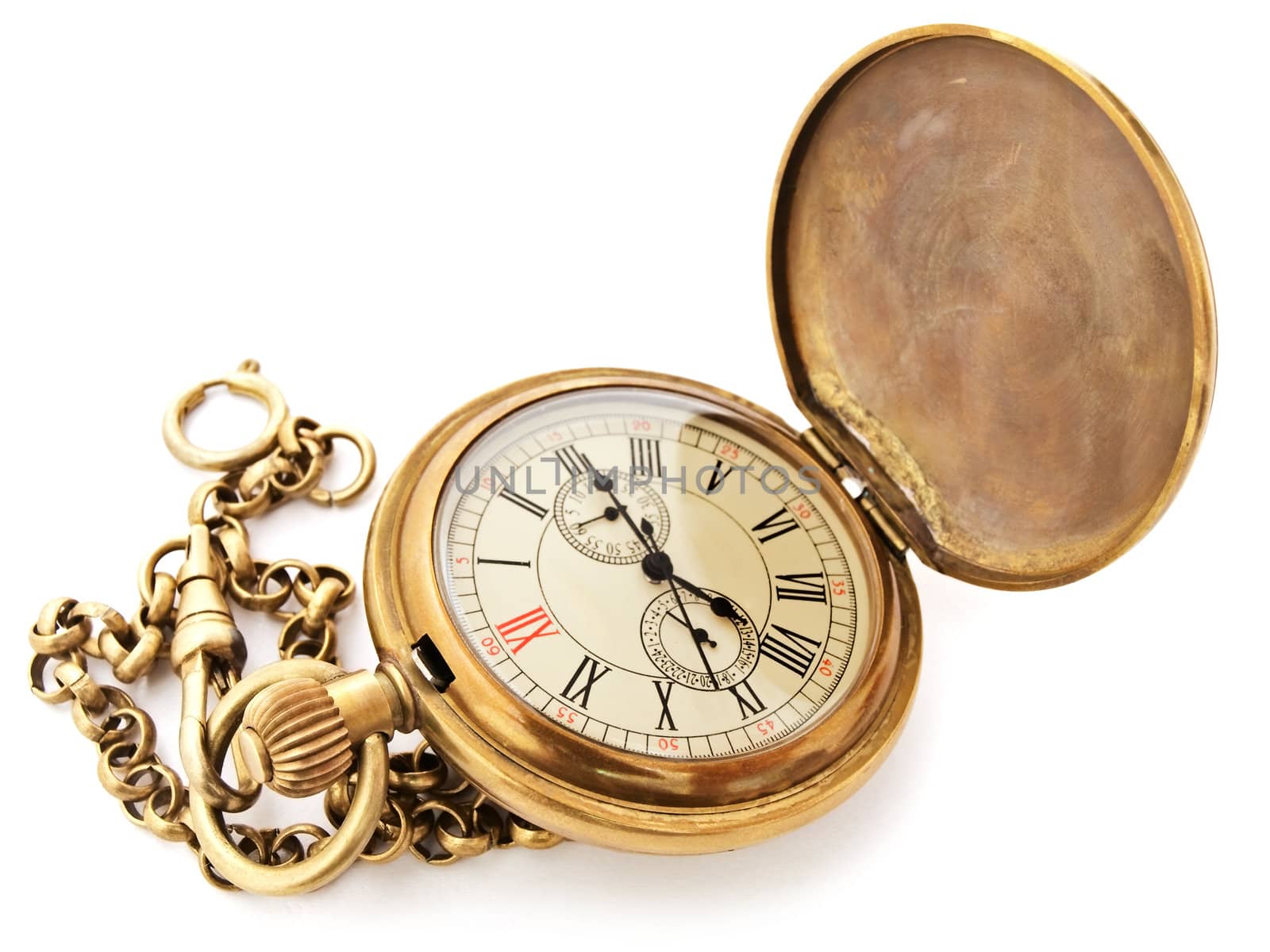 old opened vintage pocket clock against the white background