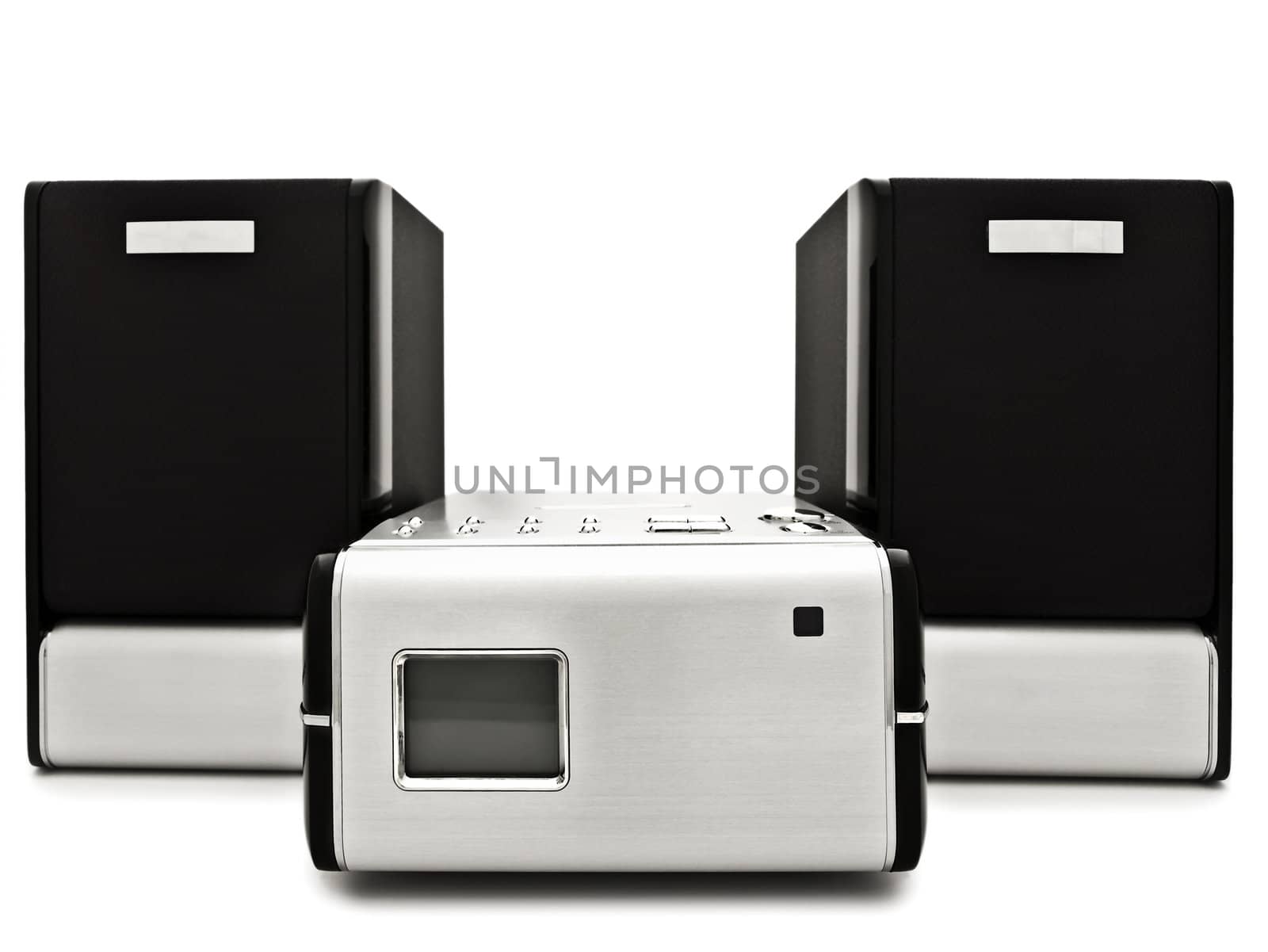 Photo of modern digital cd player against the white background