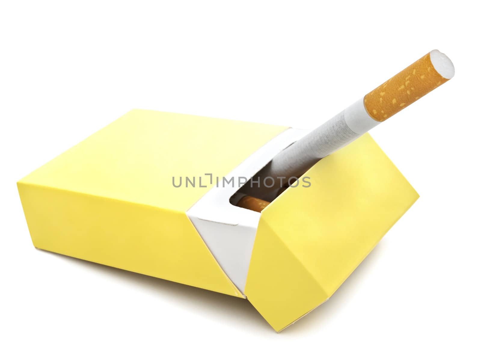 Photo of single cigarette in box against the white background