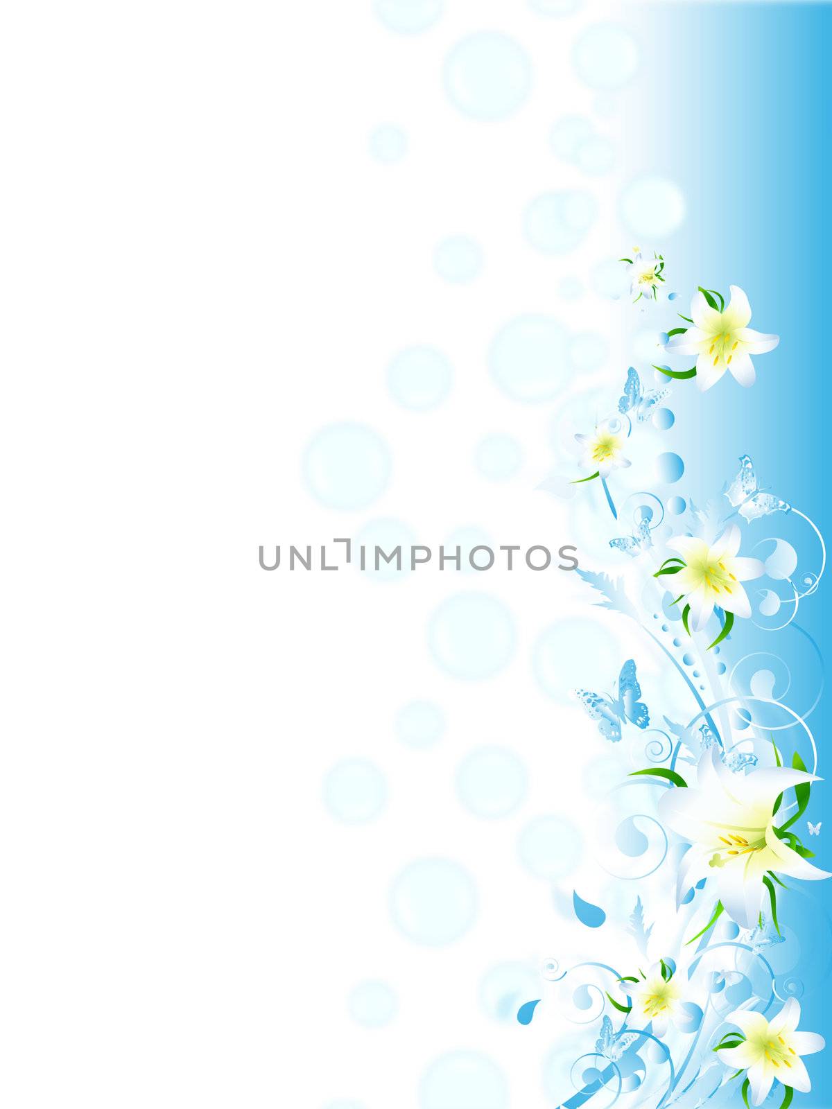 lily floral frame in blue with swirls and foliage with copyspace for your text  