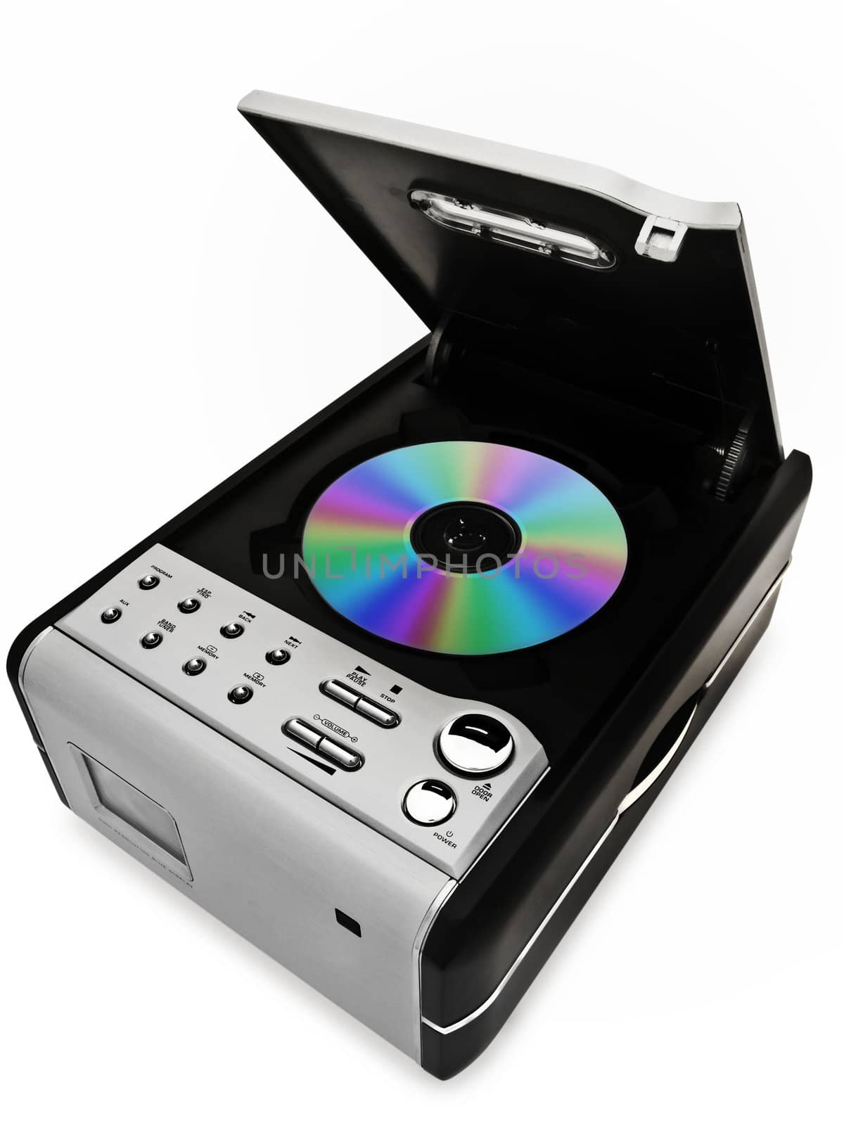 modern digital cd player with disc against the white background