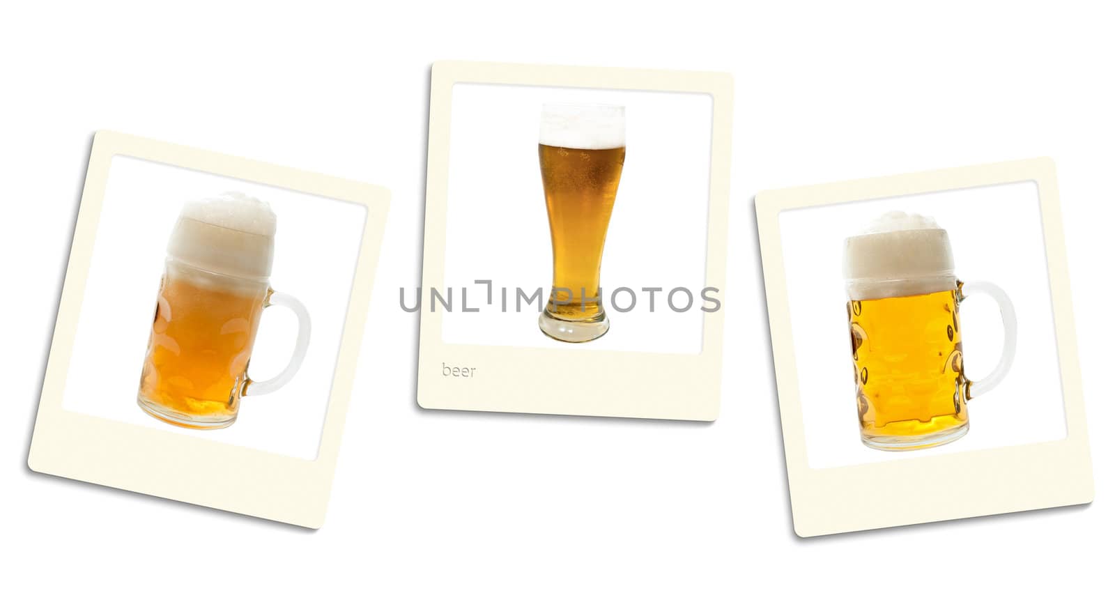 Thre old style photos of beer over white background