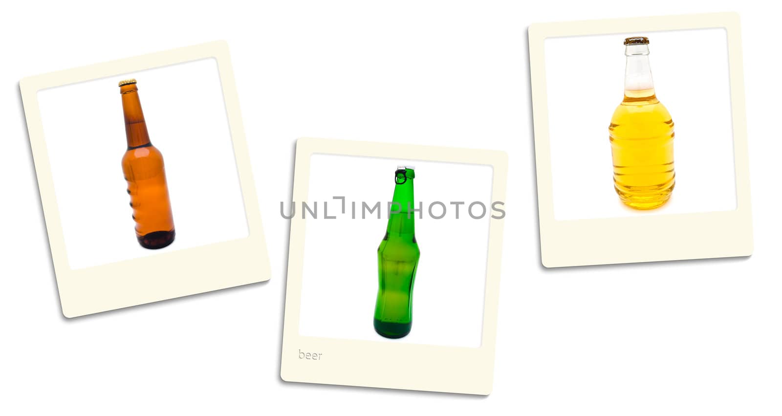 Thre old style photos of beer over white background