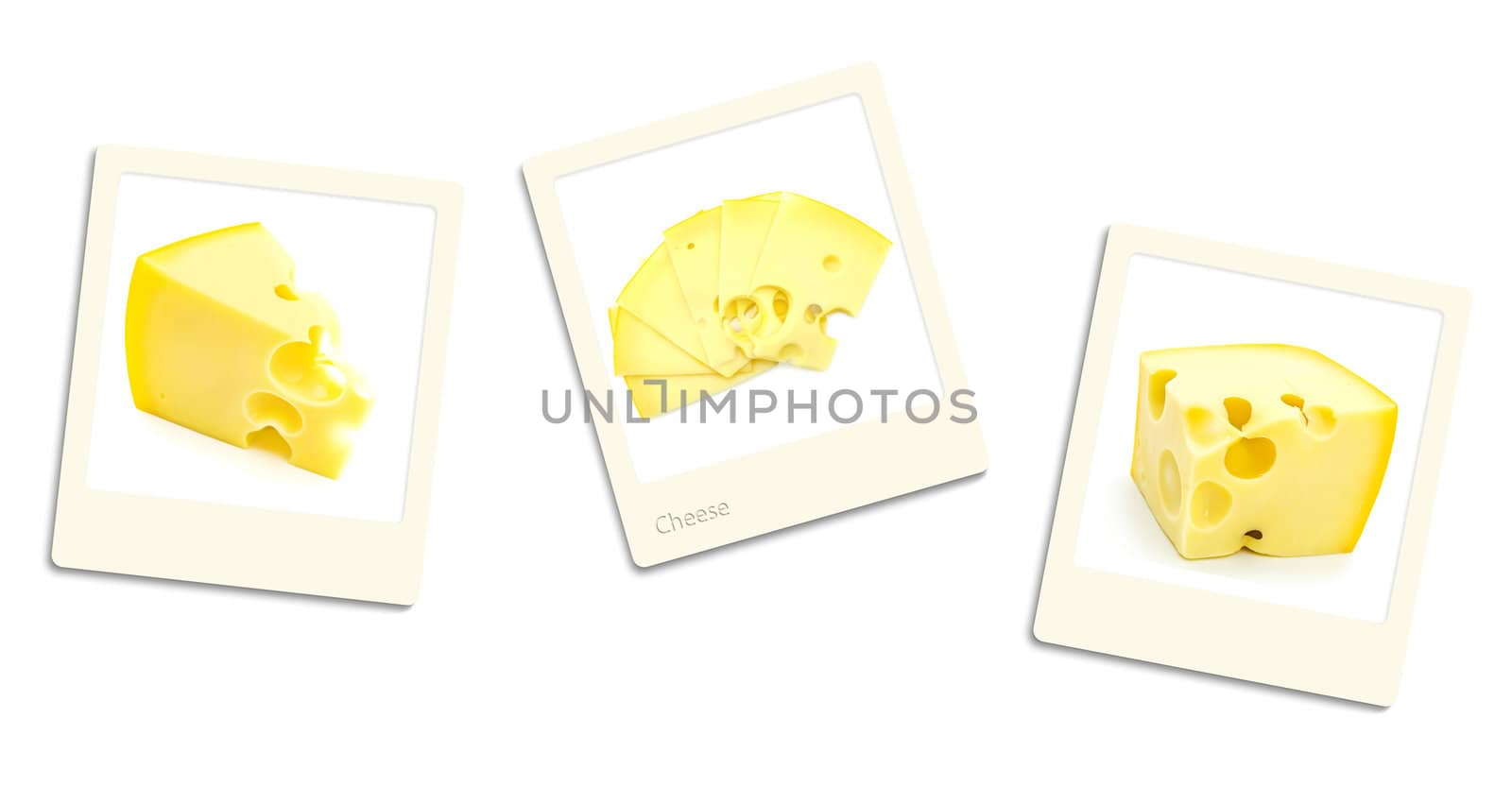 Thre old style photos of cheese over white background