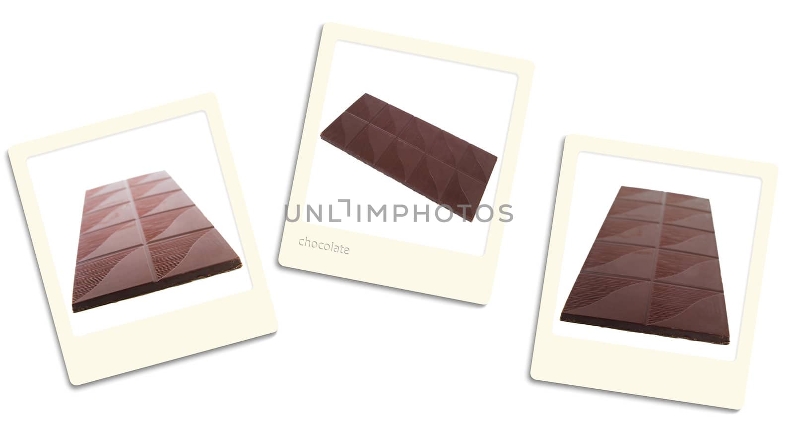 Thre old style photos of chocolate over white background