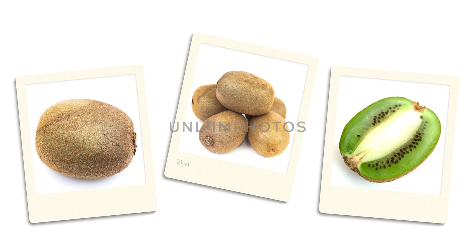 Thre old style photos of kiwi over white background