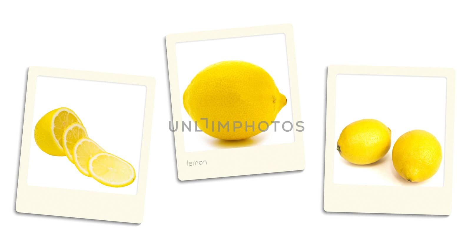 Thre old style photos of lemon over white background