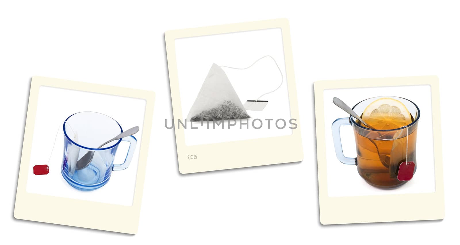 Thre old style photos of tea over white background