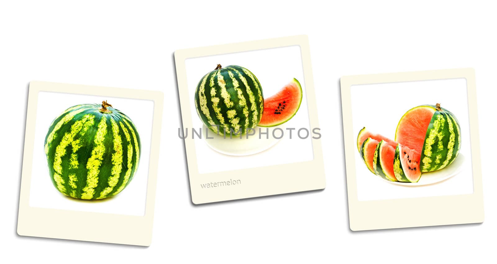 Thre old style photos of watermelon over white background