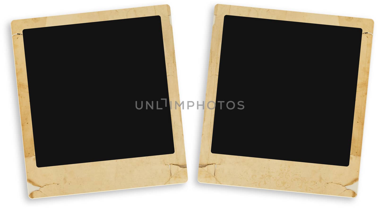 two old style vintage photo frames over white background 