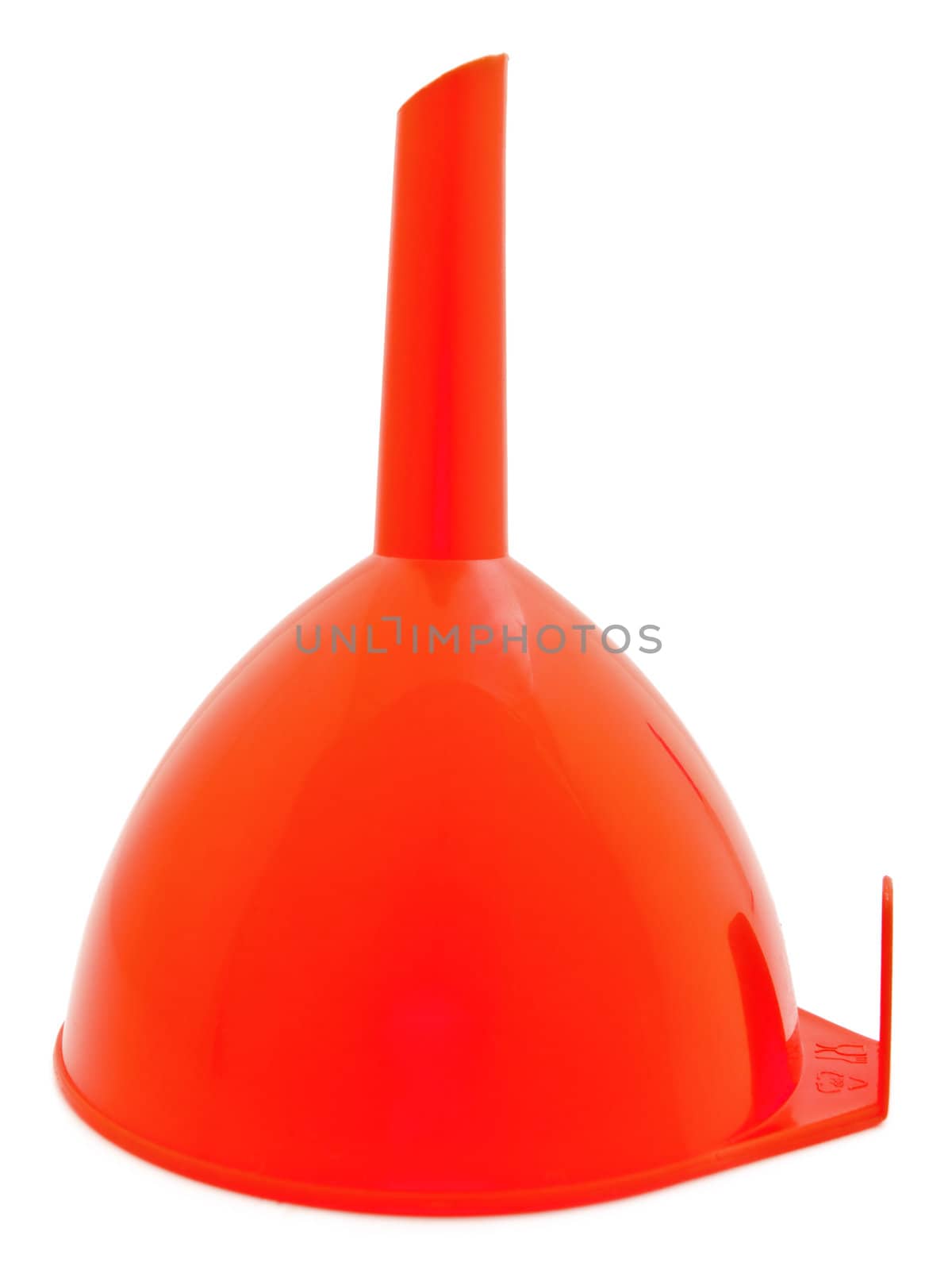 red plastic kitchen funnel against white background 