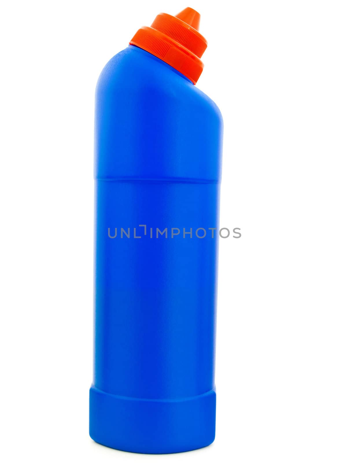 Detergent blue bottle against white background