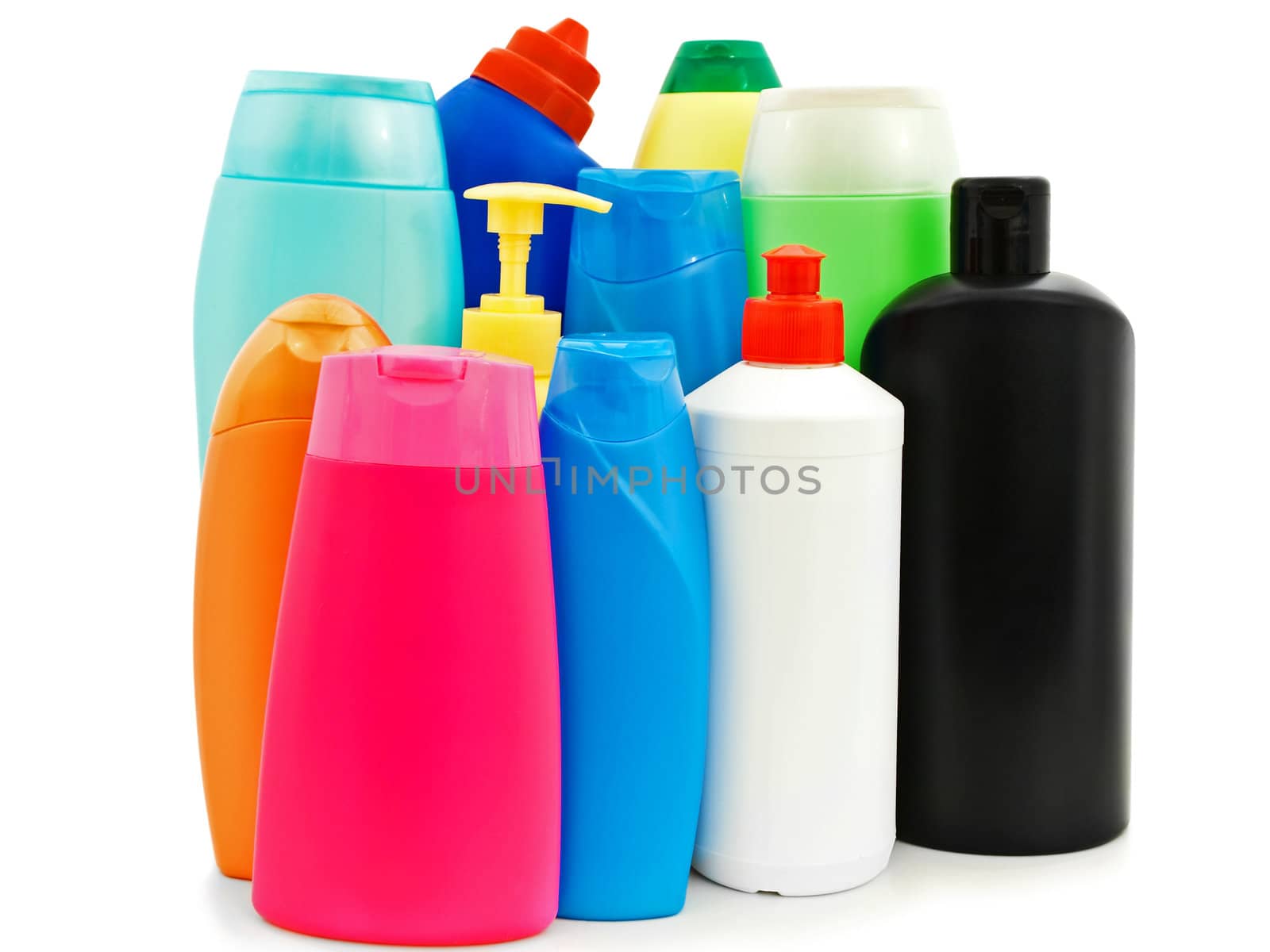 different detergent bottles against the white background