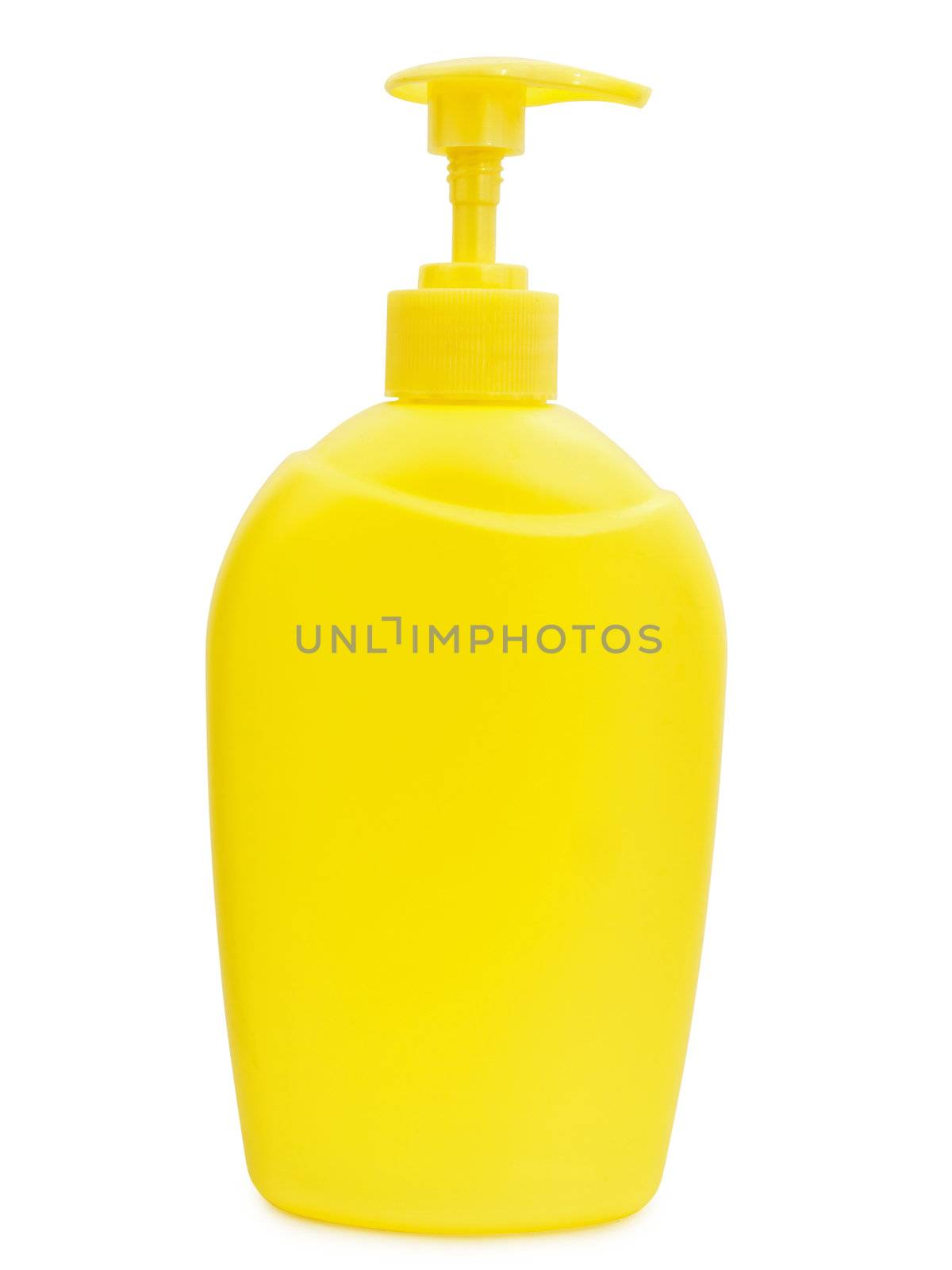 yellow plastic bottle of liquid soap over white