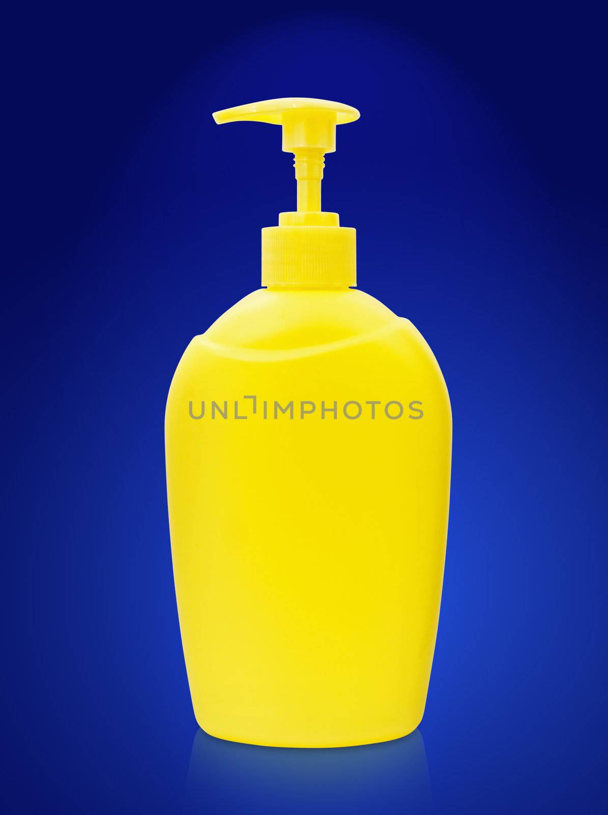 single plastic bottle of liquid soap over the blue