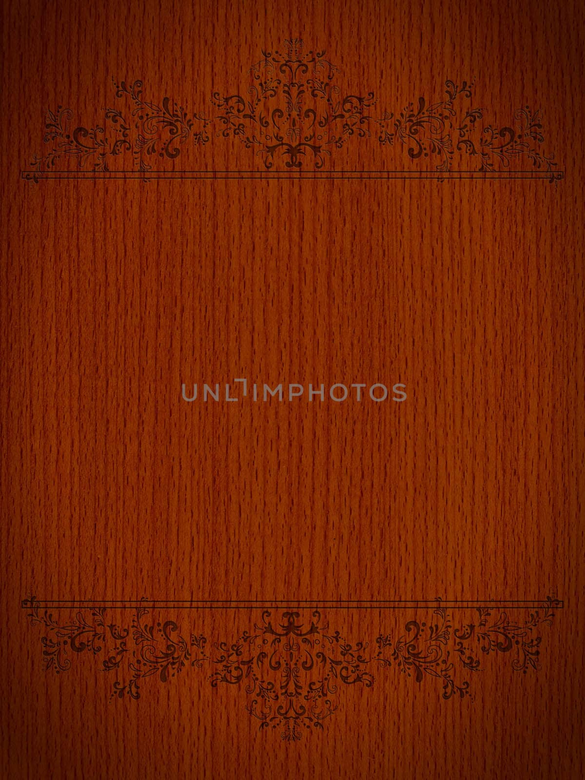 vintage floral frame with swirls at aged brown wooden background