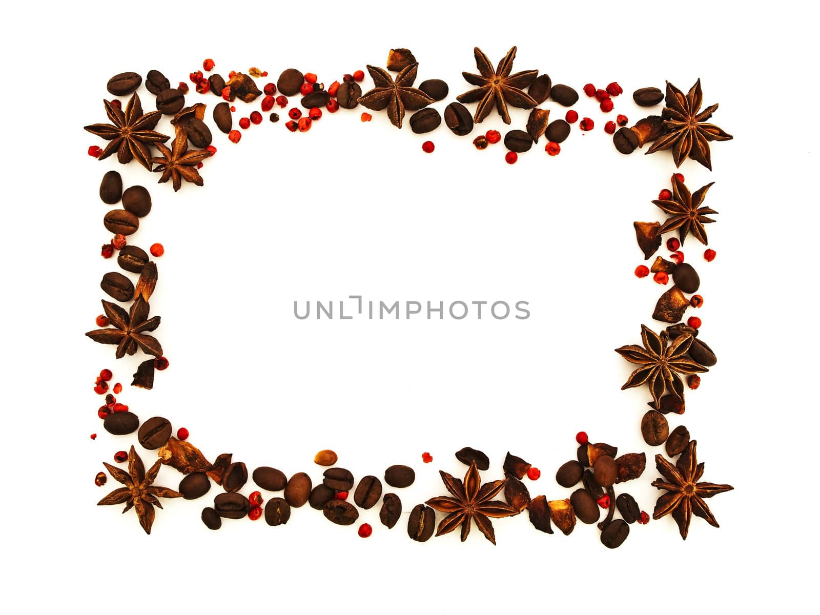 spice border with anise, coffee beans and red pepper against white background