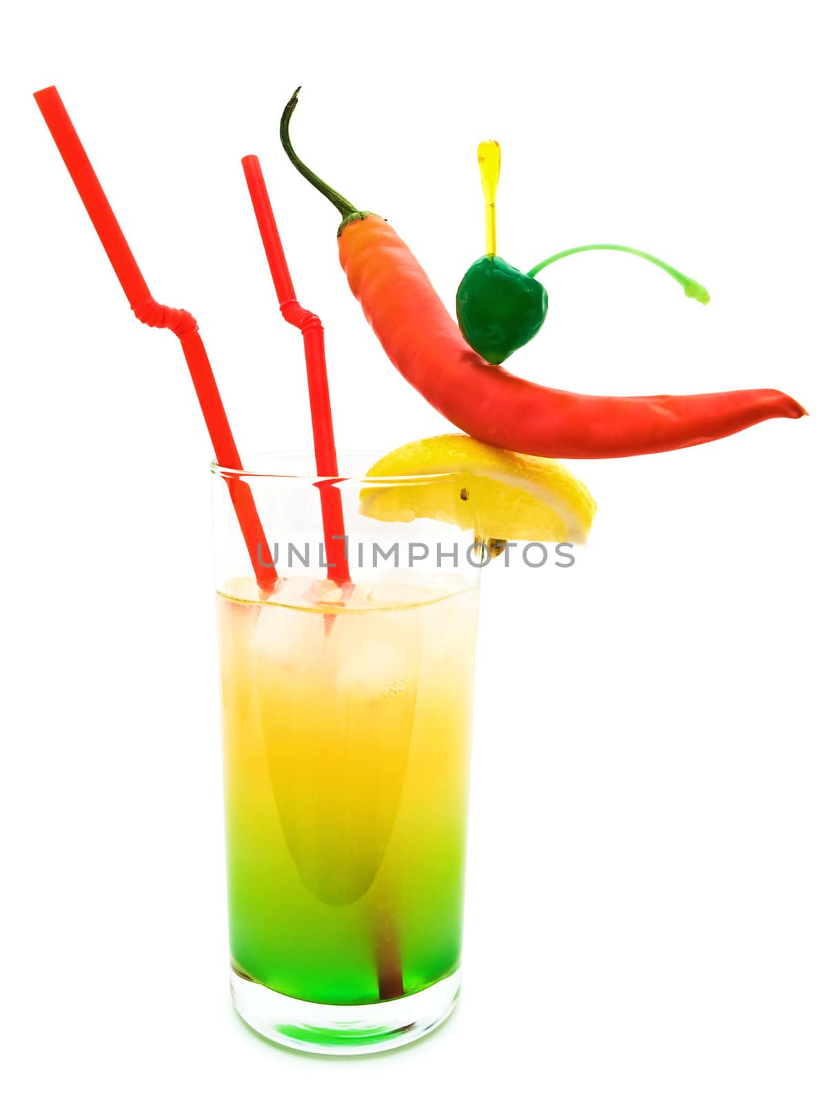 hot multicolored coctail with chilli pepper, lemon and cherry against white background