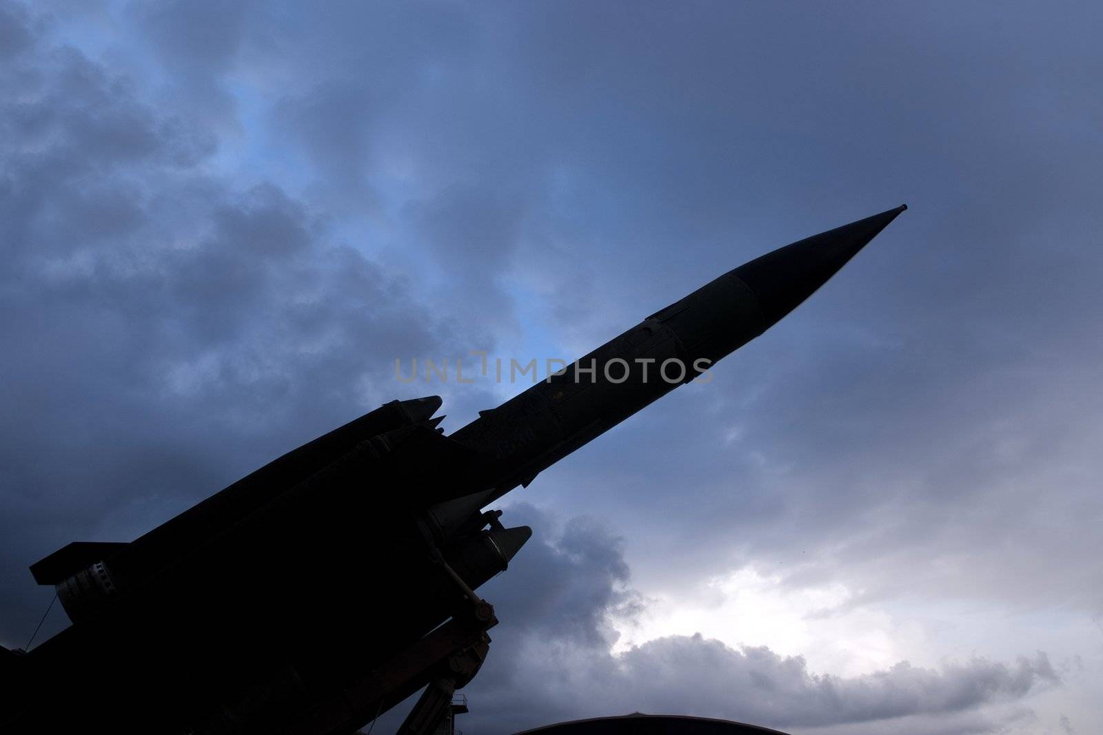 Bloodhound surface to air missile against a stormy sky.