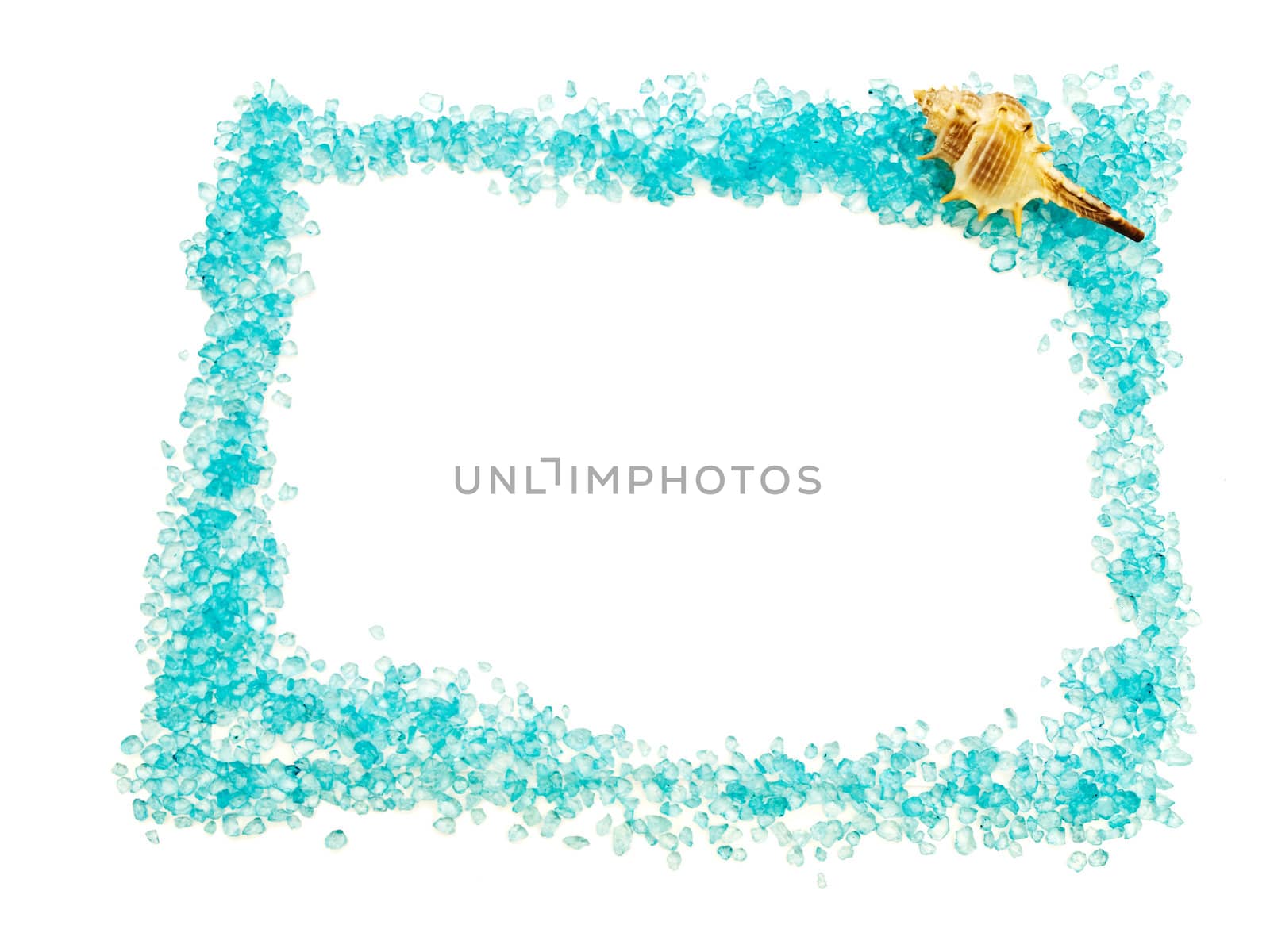 marine border with blue stones and sea shell against white. Copyspace for your text
