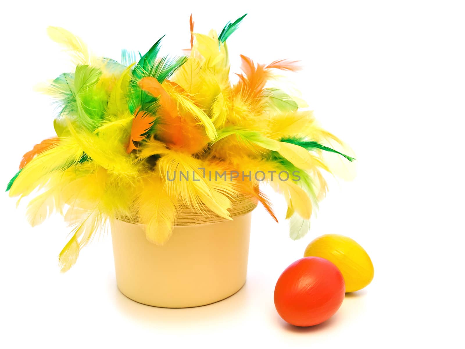Bright easter composition with eggs and multicolored feathers