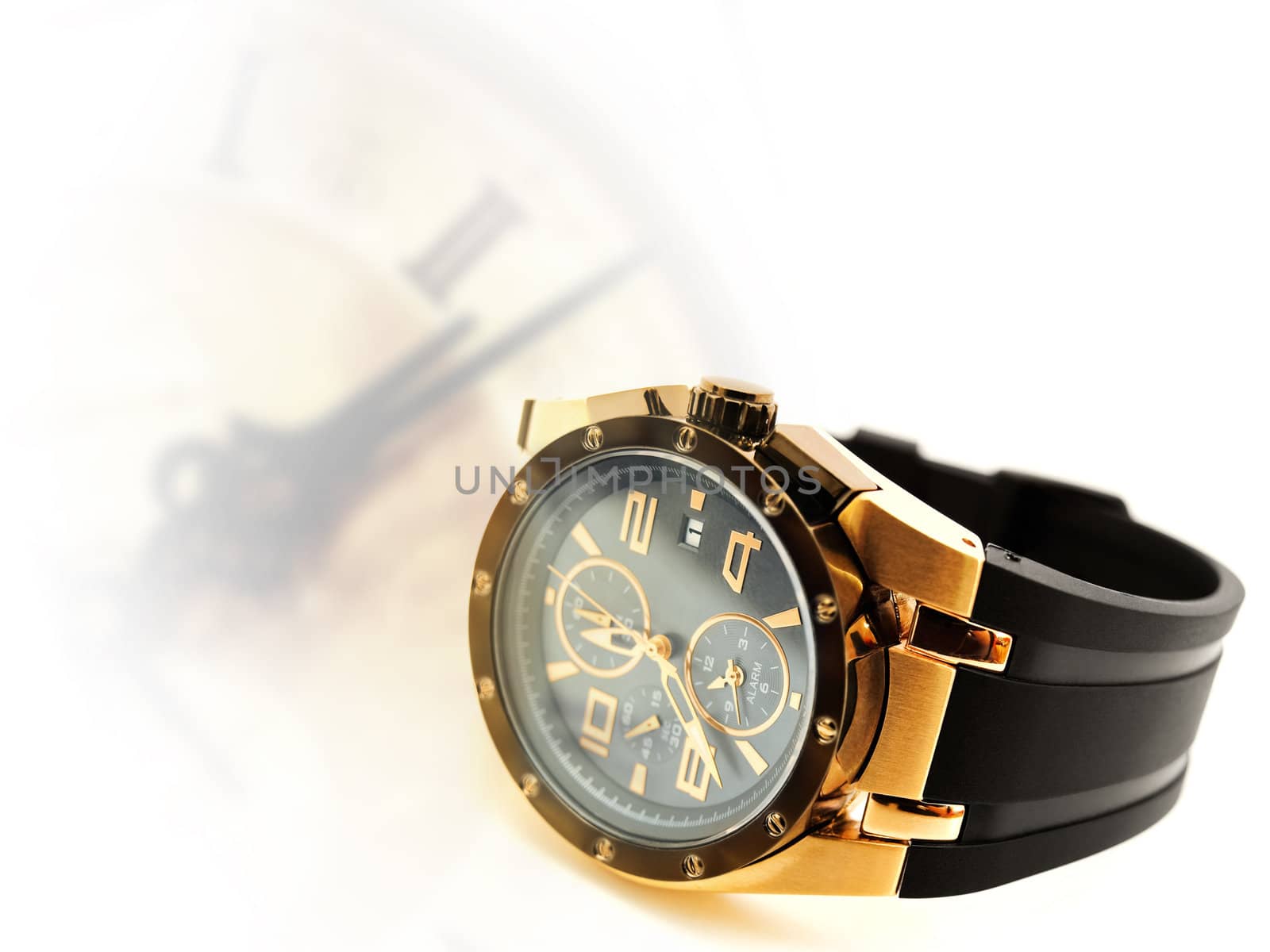 luxury man clock against vintage clock silhouette. Copyspace for your text 