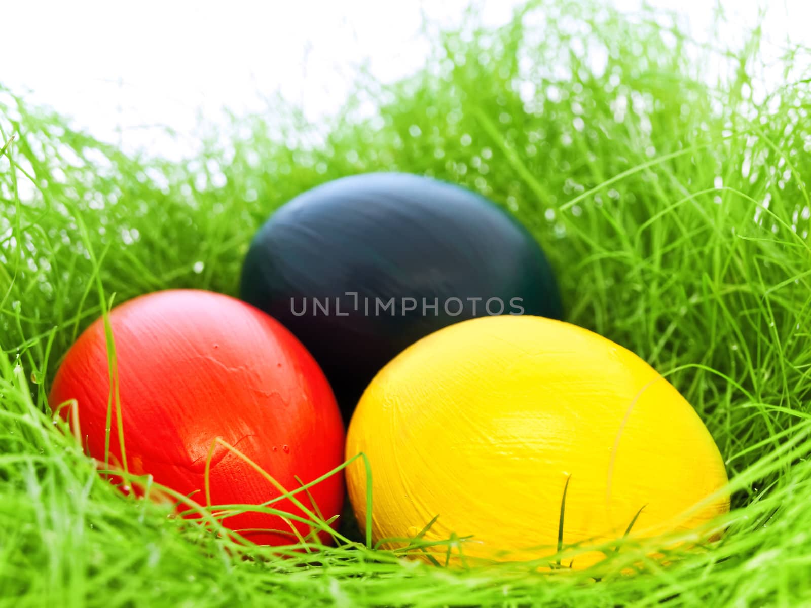 three multicolored eastern eggs in fresh green grass